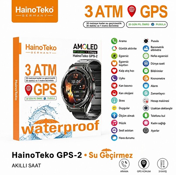 Haino Teko GPS-2 GPS Özellikli Amoled Ekran 3 ATM Su Geçirmez 3 Kordonlu Bluetooth Aramalı Akıllı Saat Siyah