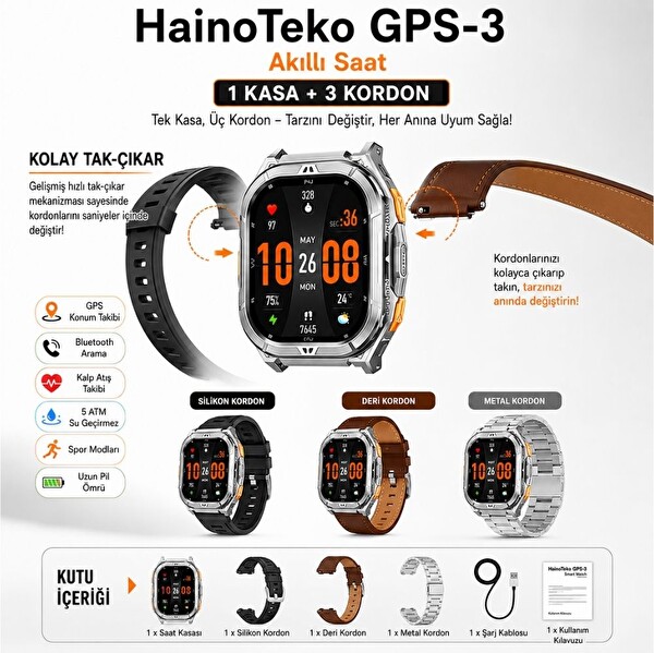 Haino Teko GPS-3 Amoled Ekran Bluetooth GPS Konumlu 3 Kordonlu 5 ATM Gümüş Kasa Akıllı Saat