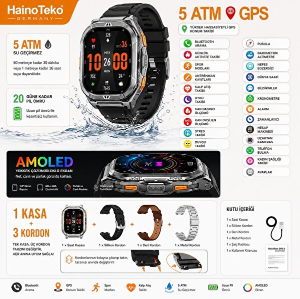 Haino Teko GPS-3 Amoled Ekran Bluetooth GPS Konumlu 3 Kordonlu 5 ATM Gümüş Kasa Akıllı Saat
