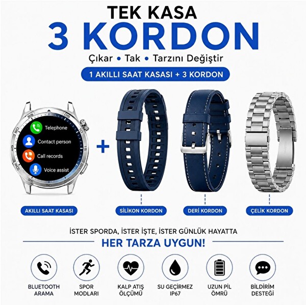 Haino Teko-33 Gümüş 1 Kasa 3 Değiştirilebilir Kordon Amoled Ekran Bluetooth Arama Özellikli Akıllı Saat