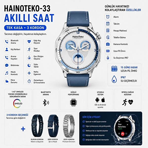 Haino Teko-33 Gümüş 1 Kasa 3 Değiştirilebilir Kordon Amoled Ekran Bluetooth Arama Özellikli Akıllı Saat