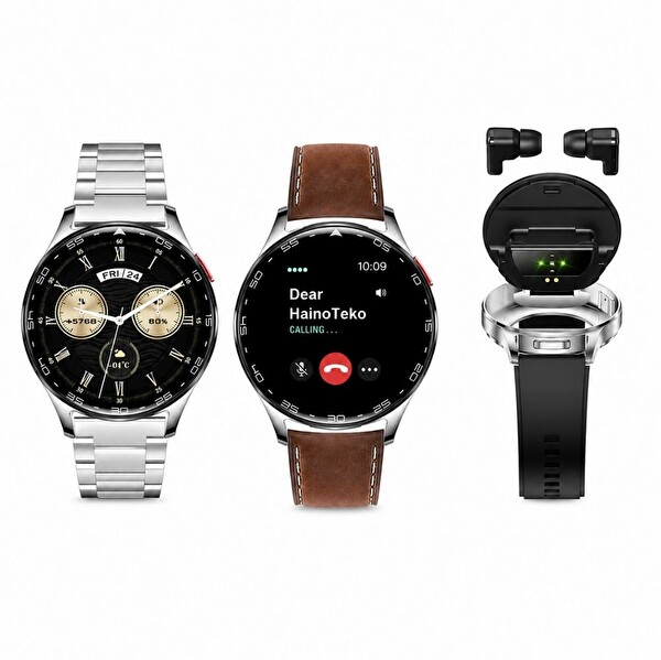 Haino Teko Watch Ultra 12 Gümüş Kasa Kulaklıklı 1 Kasa 3 Değiştirilebilir Kordon Bluetooth Akıllı Saat