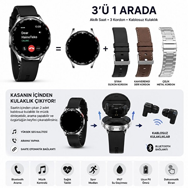 Haino Teko Watch Ultra 12 Gümüş Kasa Kulaklıklı 1 Kasa 3 Değiştirilebilir Kordon Bluetooth Akıllı Saat