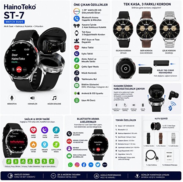 Haino Teko Watch Ultra 12 Gümüş Kasa Kulaklıklı 1 Kasa 3 Değiştirilebilir Kordon Bluetooth Akıllı Saat