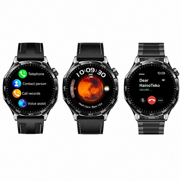 Haino Teko-33Siyah 1 Kasa 3 Değiştirilebilir Kordon Amoled Ekran Bluetooth Arama Özellikli Akıllı Saat IP67