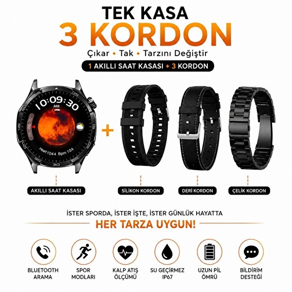Haino Teko-33Siyah 1 Kasa 3 Değiştirilebilir Kordon Amoled Ekran Bluetooth Arama Özellikli Akıllı Saat IP67