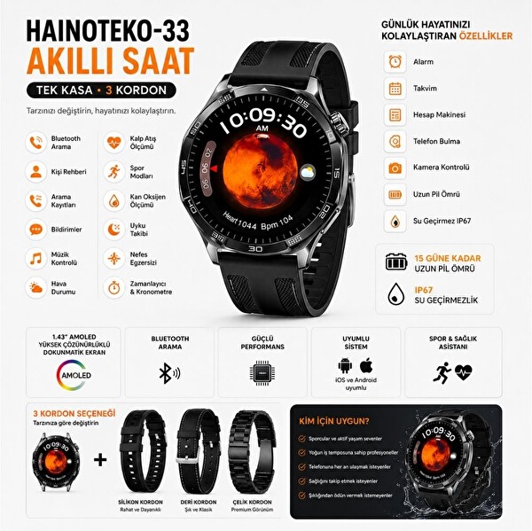 Haino Teko-33Siyah 1 Kasa 3 Değiştirilebilir Kordon Amoled Ekran Bluetooth Arama Özellikli Akıllı Saat IP67
