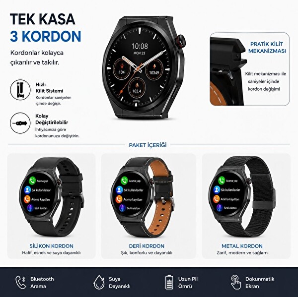 Haino Teko 30 Siyah Kasa 1 Kasa 3 Değiştirilebilir Kordon Amoled Ekran Bluetooth Arama Özellikli Akıllı Saat