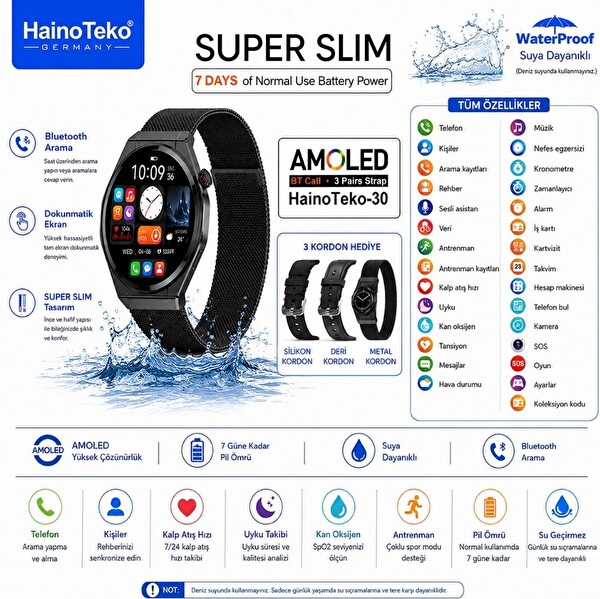 Haino Teko 30 Siyah Kasa 1 Kasa 3 Değiştirilebilir Kordon Amoled Ekran Bluetooth Arama Özellikli Akıllı Saat