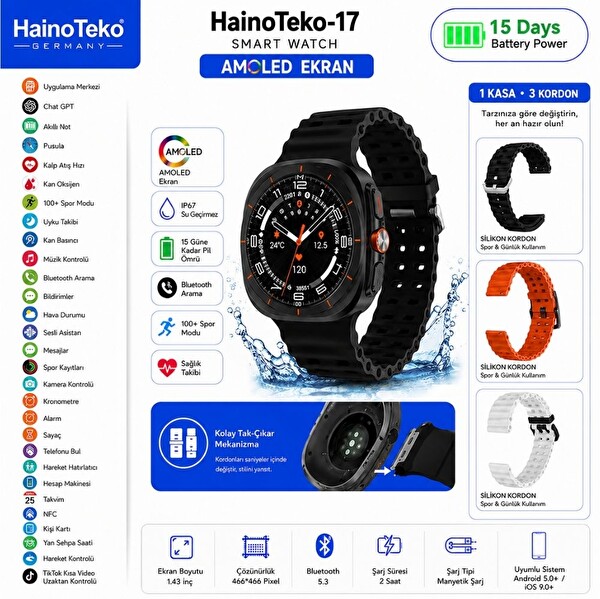 Haino Teko 17 Siyah Kasa 1 Kasa 3 Değiştirilebilir Kordon Amoled Ekran Bluetooth Arama Özellikli Akıllı Saat