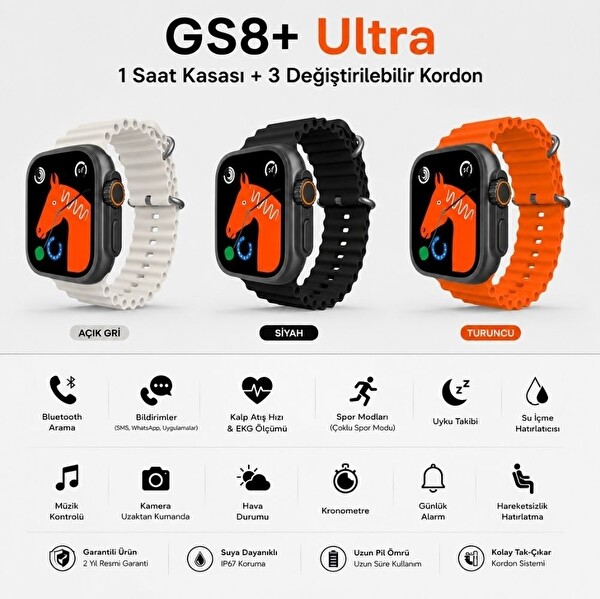 Schitec GS8 Ultra Android iOS HarmonyOs Uyumlu 3 Değiştirilebilir Kordon Siyah Kasa Akıllı Saat