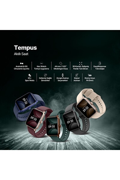 Ttec Tempus 2S13WV3 44 MM Dikdörtgen Kasa iOS ve Android Uyumlu 22 MM Değiştirilebilir Kordonlu Siyah Akıllı Saat