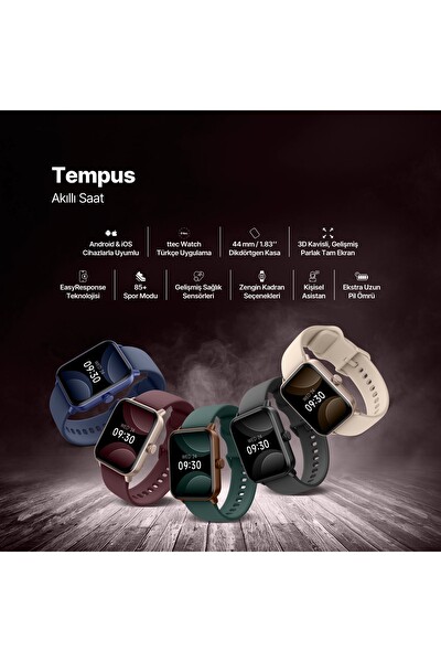 Ttec Tempus 2S13WV3 44 MM Dikdörtgen Kasa iOS ve Android Uyumlu 22 MM Değiştirilebilir Kordonlu Siyah Akıllı Saat