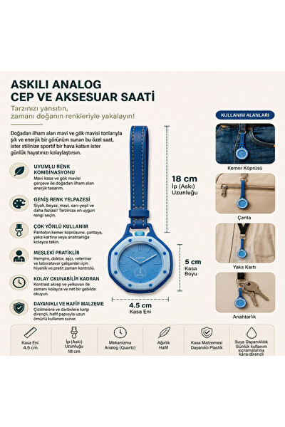 Piyatech Royal Pop Mavi Sekizgen Hemşire Cep Saati Askılı Anahtarlık Çanta ve Pantolon Aksesuarı Unisex Saat