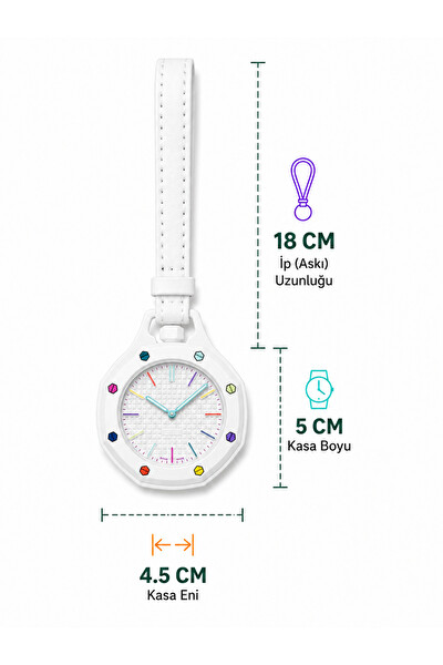 Piyatech Royal Pop Beyaz Renkli Sekizgen Hemşire Cep Saati Askılı Anahtarlık Çanta ve Pantolon Aksesuarı Unisex Saat
