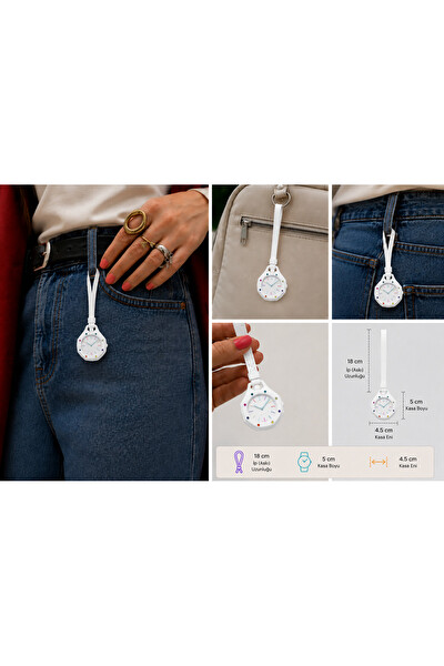 Piyatech Royal Pop Beyaz Renkli Sekizgen Hemşire Cep Saati Askılı Anahtarlık Çanta ve Pantolon Aksesuarı Unisex Saat