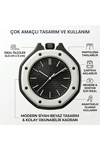 Piyatech Royal Pop Siyah Beyaz Detaylı Hemşire Cep Saati Askılı Anahtarlık Çanta ve Pantolon Aksesuarı Saat