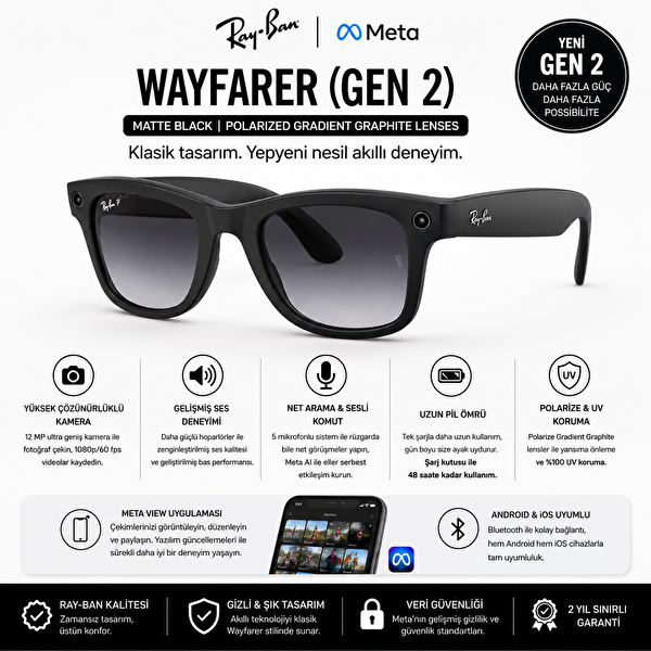 Ray-Ban Meta Wayfarer RW4012 Gen2 Mat Siyah Polarize Geçişli Grafit S53 Beden Akıllı Gözlük