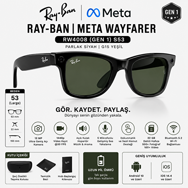 Ray-Ban Meta Wayfarer Gen 1 RW4008 S53 Parlak Siyah G15 Yeşil Akıllı Gözlük