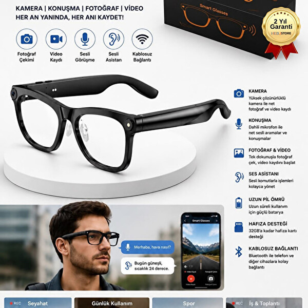 Hzl Store AG-1 Kameralı Akıllı Gözlük Bluetooth Sesli Arama Fotoğraf ve Video Kayıtlı Hafıza Kartı Destekli Siyah