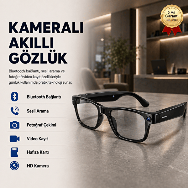 Hzl Store AG-1 Kameralı Akıllı Gözlük Bluetooth Sesli Arama Fotoğraf ve Video Kayıtlı Hafıza Kartı Destekli Siyah