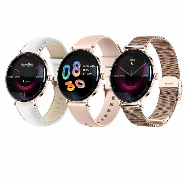Haino Teko TEKO18 Amoled Ekran Super Slim Tasarım WaterProof 3 Kordonlu Akıllı Saat - Gold Rose
