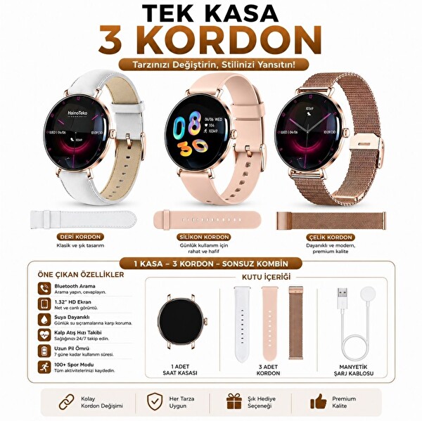 Haino Teko TEKO18 Amoled Ekran Super Slim Tasarım WaterProof 3 Kordonlu Akıllı Saat - Gold Rose