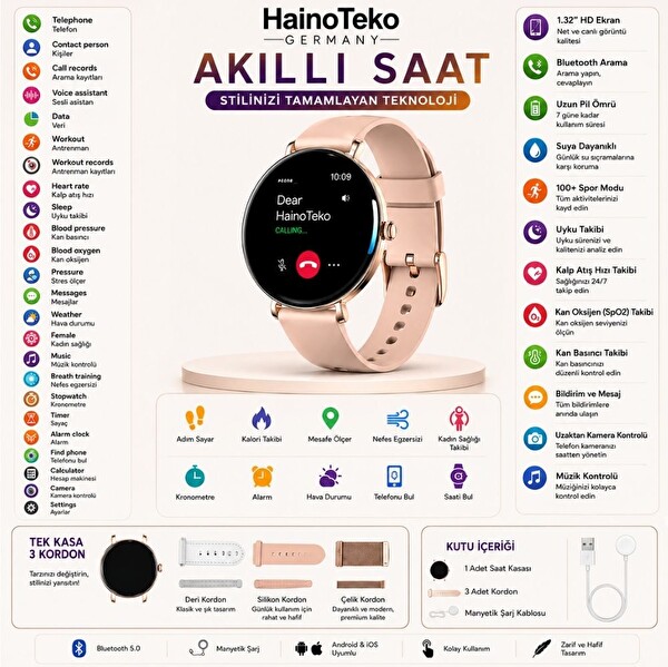 Haino Teko TEKO18 Amoled Ekran Super Slim Tasarım WaterProof 3 Kordonlu Akıllı Saat - Gold Rose