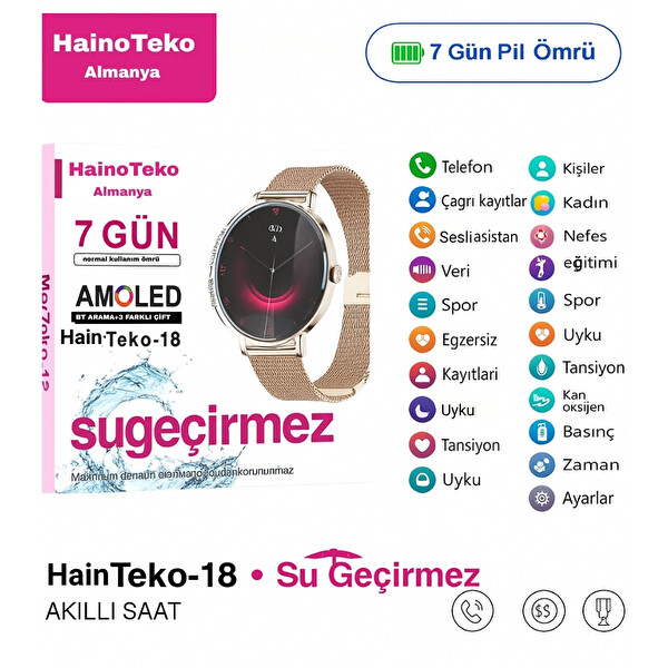 Haino Teko TEKO18 Amoled Ekran Super Slim Tasarım WaterProof 3 Kordonlu Akıllı Saat - Gold Rose