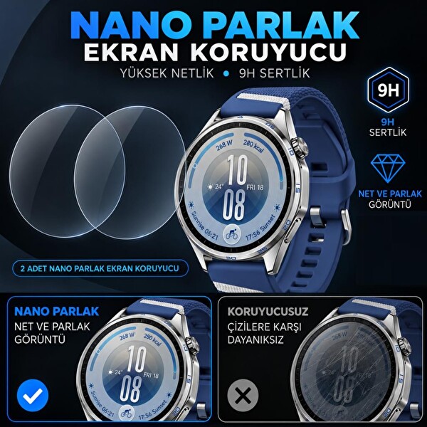 Engo Huawei Watch GT 7 46mm Uyumlu Ekran Koruyucu Nano Parlak 9H Kırılmaz Esnek Cam, Çizilmeye Dayanıklı HD Şeffaf - 2 Adet