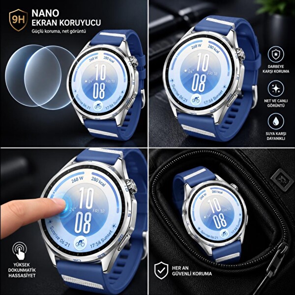Engo Huawei Watch GT 7 46mm Uyumlu Ekran Koruyucu Nano Parlak 9H Kırılmaz Esnek Cam, Çizilmeye Dayanıklı HD Şeffaf - 2 Adet
