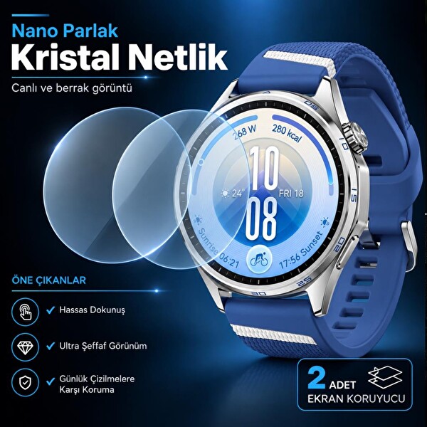 Engo Huawei Watch GT 7 46mm Uyumlu Ekran Koruyucu Nano Parlak 9H Kırılmaz Esnek Cam, Çizilmeye Dayanıklı HD Şeffaf - 2 Adet