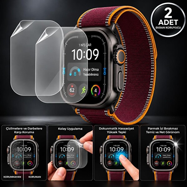 Engo Apple Watch Ultra 4 49mm İle Uyumlu Ekran Koruyucu TPU A3579 Şeffaf Çizilmeye Dayanıklı Esnek Yapı - 2 Adet