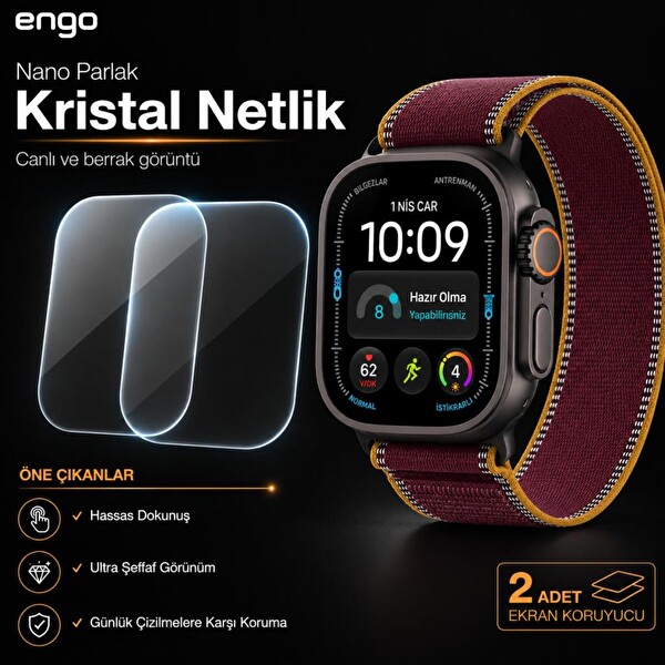 Engo Apple Watch Ultra 4 49mm İle Uyumlu Ekran Koruyucu A3579 Nano Parlak 9H Esnek Cam Çizilmeye Dayanıklı