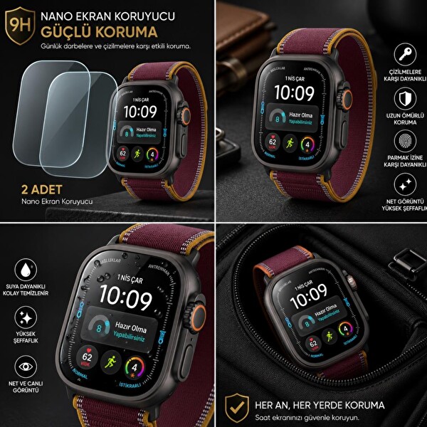 Engo Apple Watch Ultra 4 49mm İle Uyumlu Ekran Koruyucu A3579 Nano Parlak 9H Esnek Cam Çizilmeye Dayanıklı