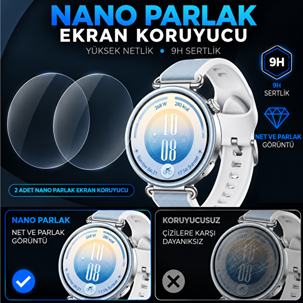 Engo Huawei Watch GT 7 41 MM ile Uyumlu HD 9H Kırılmaz Esnek Camlı Nano Parlak Çizilmeye Dayanıklı Akıllı Saat Koruması