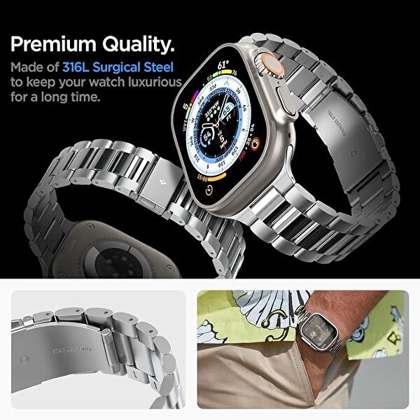 Spigen Apple Watch 49/46/45mm Ultra 3/2/1 / Seri 11/10/9/8/7 ile Uyumlu Kordon Band Modern Fit Klasik Saat Tipi Çelik Gümüş Kayış