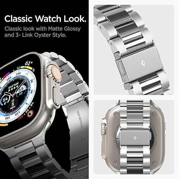 Spigen Apple Watch 49/46/45mm Ultra 3/2/1 / Seri 11/10/9/8/7 ile Uyumlu Kordon Band Modern Fit Klasik Saat Tipi Çelik Gümüş Kayış