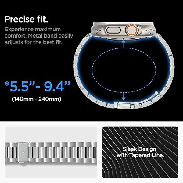 Spigen Apple Watch 49/46/45mm Ultra 3/2/1 / Seri 11/10/9/8/7 ile Uyumlu Kordon Band Modern Fit Klasik Saat Tipi Çelik Gümüş Kayış