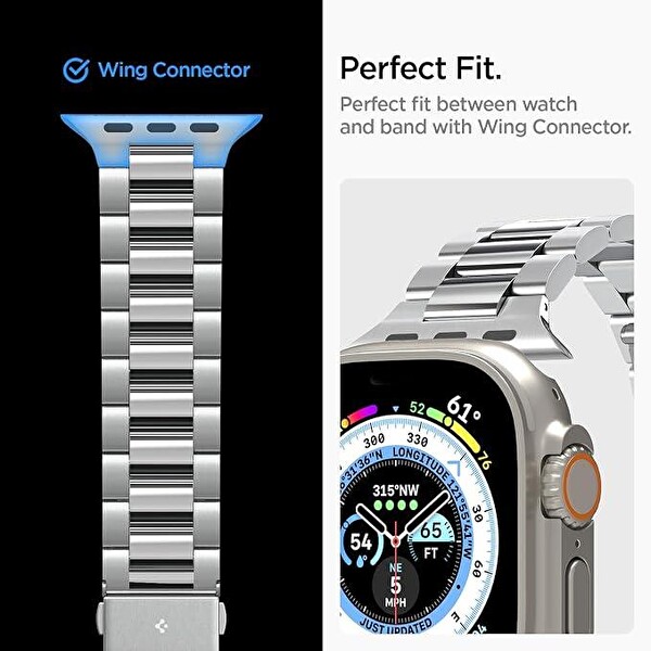 Spigen Apple Watch 49/46/45mm Ultra 3/2/1 / Seri 11/10/9/8/7 ile Uyumlu Kordon Band Modern Fit Klasik Saat Tipi Çelik Gümüş Kayış