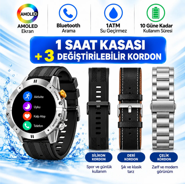 Haino Teko RW-58 Amoled Akıllı Saat Bluetooth Arama 1 ATM Su Geçirmez 3 Kordon Seti Spor Gümüş Kasa