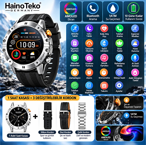 Haino Teko RW-58 Amoled Akıllı Saat Bluetooth Arama 1 ATM Su Geçirmez 3 Kordon Seti Spor Gümüş Kasa