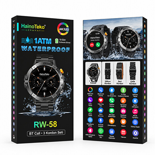 Haino Teko RW-58 Amoled Akıllı Saat Bluetooth Arama 1 ATM Su Geçirmez 3 Kordon Seti Spor Gümüş Kasa