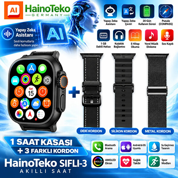 Haino Teko SIFLI-3 AI Yapay Zeka Asistanlı Akıllı Saat Amoled 20 Gün Pil 3 Değiştirilebilir Kordon