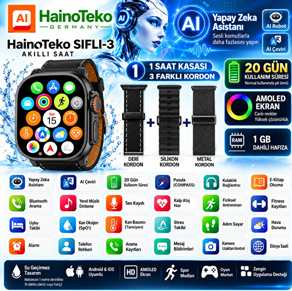 Haino Teko SIFLI-3 AI Yapay Zeka Asistanlı Akıllı Saat Amoled 20 Gün Pil 3 Değiştirilebilir Kordon