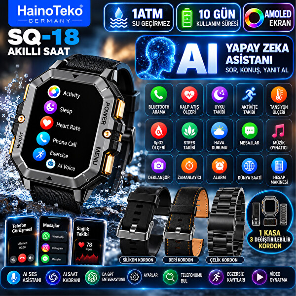Haino Teko SQ-18 Akıllı Saat AMOLED AI Ses Asistanı DA GPT Bluetooth Arama 1ATM 10 Gün 3 Kordon Set