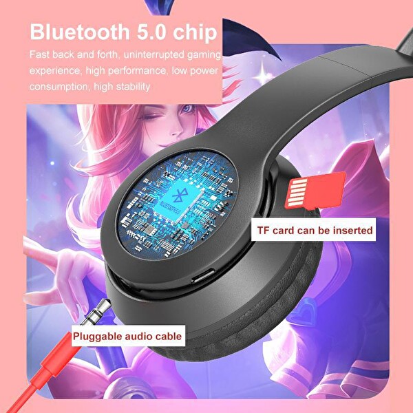 Torima P47M Sevimli Renkli Kedi Kulak Siyah Bluetooth Kulaklık