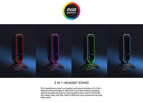 Rampage RM-H66 Guard RGB Işıklı 2xUSB Port Kulaklık için Stand Siyah