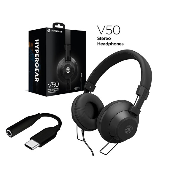 HyperGear V50 Type-C ve 3.5 MM Jack Girişli Mikrofonlu Kablolu Siyah Kulak Üstü Kulaklık