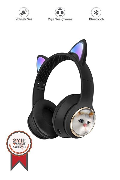 Torima HD11 Sevimli Kedi Karikatür Kulak Led Işıklı 5.3 Kulak Üstü Bluetooth Kulaklık Siyah